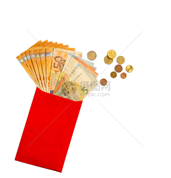 红纸信封中的欧元纸币金币银币和铜币图片