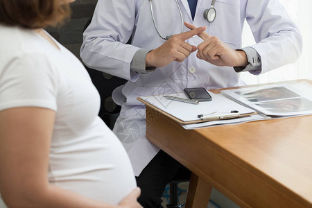 医生用手势警告并与孕妇交谈怀孕期间的禁令概念图片