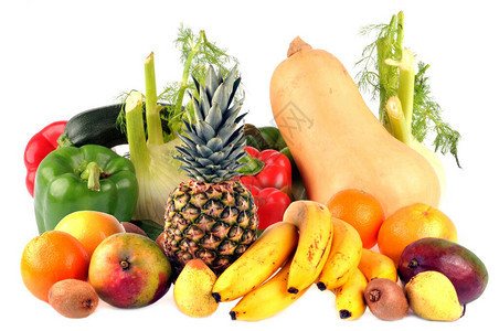 白色背景上的水果和蔬菜混合背景图片