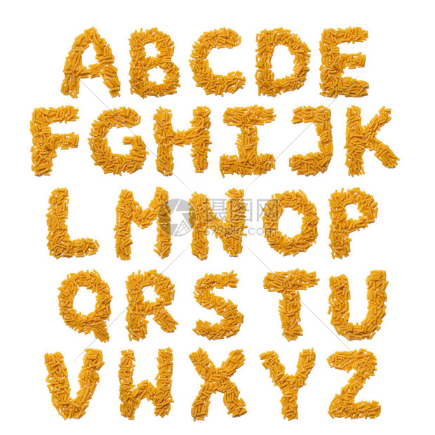 白孤立背景的干意面英文字母表用通心粉管制成的食物型式商店图片