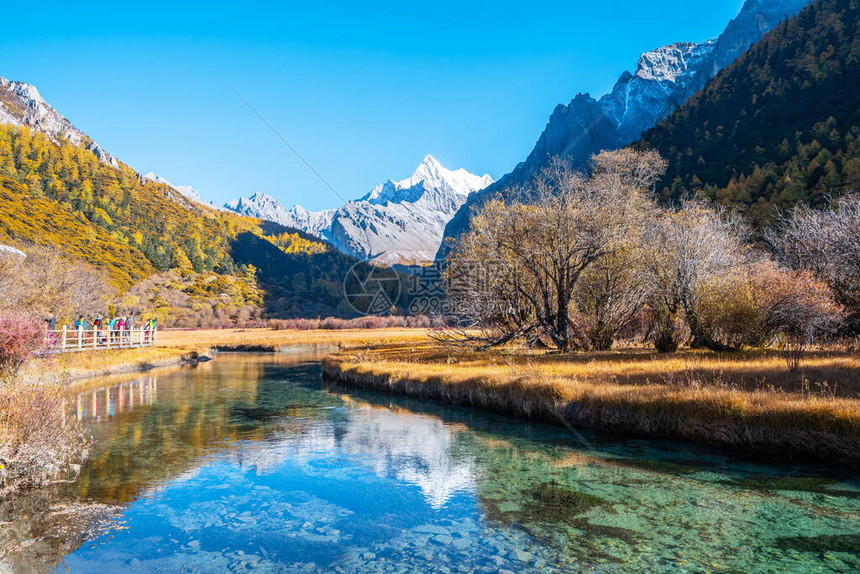 山谷中的河流四川稻城亚丁的雪山图片