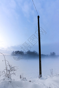 冬季寒冬晚雾中电线或电话线图片