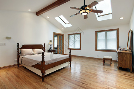 豪华住宅的主卧室带两个天窗背景图片