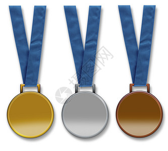 三个优胜者奖牌挂在丝带上金银铜奖牌留空以允许添加文本在白图片