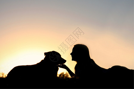 躺在草地上微笑和爱抚着她的德国牧羊犬她的脚印是一图片