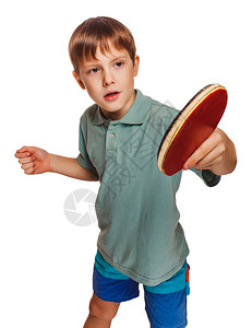 玩桌网球的金蛋海绵男孩背手拿起白背背景图片
