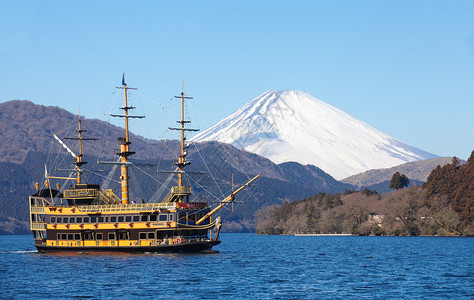 富士山和阿智湖上的船图片
