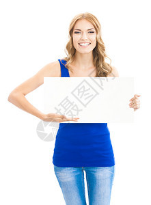 快乐笑的年轻女子展示空白招牌标牌或横幅图片