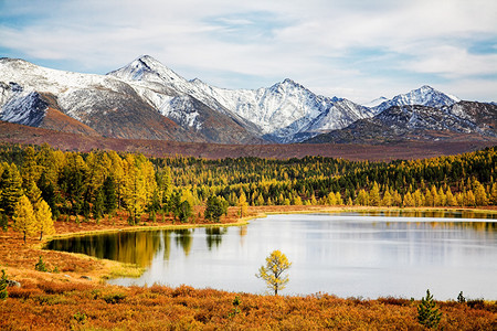 与湖和雪山的秋天风景图片