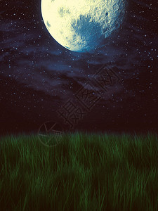 在夜空中的大程式化的月亮在草地上图片