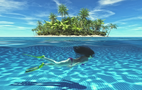 在热带岛屿附近水下游泳的年轻女孩这是一个背景图片