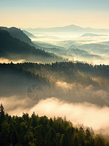 在美丽的山丘中起雾山峰从雾的本底露出一背景图片