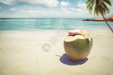 新鲜椰子鸡尾酒加在沙热带海滩上图片