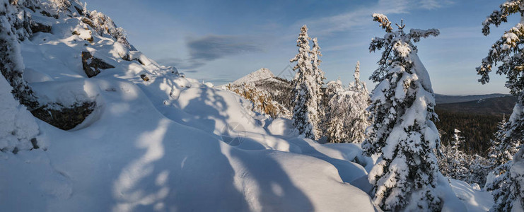 雪堆和白雪覆盖的树木的田园山冬季景观图片