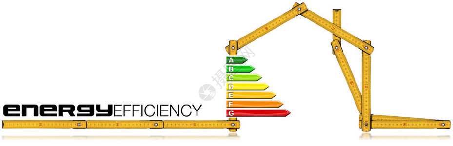 能源效率具有能源效率等级的房屋形状的黄色木制折叠尺在白图片