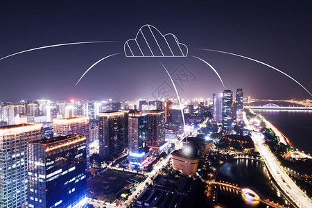 杭州市中心数据云标志夜景图片