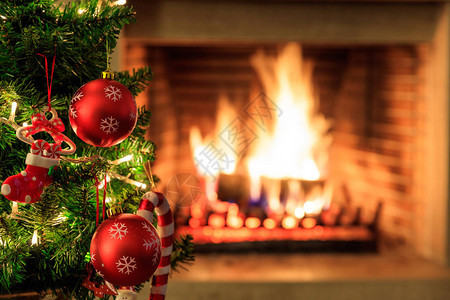 圣诞树靠近燃烧的壁炉背景模糊图片