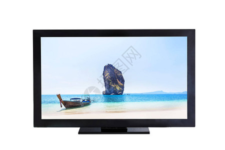 长尾船和海面小岛的电视屏幕图片