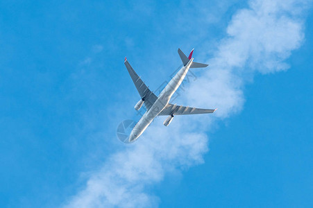 大白色飞机在蓝天飞行图片
