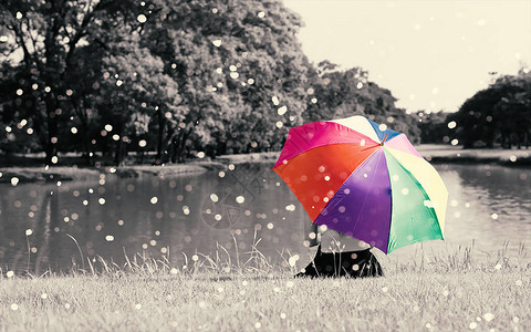 五颜六色的彩虹伞由坐在户外河边草地上的女人拿着图片