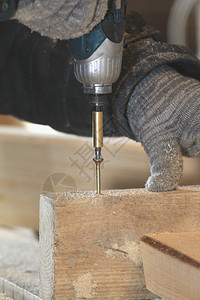 木匠手的特写用螺丝刀在木板上拧螺丝工图片