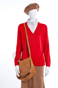 女毛衣手提包和裙子红毛衣和女士的棕色皮袋图片