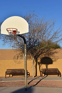 一个户外篮球架篮板和标准在砖墙上反射图片