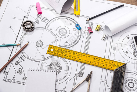 技术图纸背景上对工具测量工具的测量图片