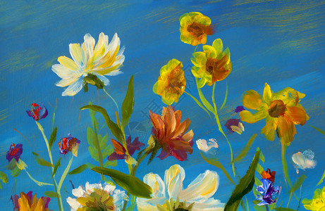 油画白色黄色和的花田风景在蓝天的花田春天鲜花自然背景图片