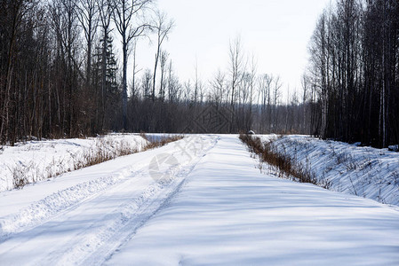 深雪中覆盖的冬季雪路车胎轨迹向背景图片