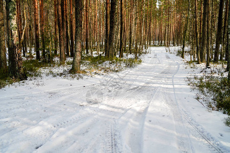 深雪中覆盖的冬季雪路车胎轨迹向背景图片