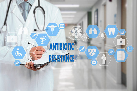 医院背景虚拟屏幕上医疗网络连接中的医生和抗生素耐药词技图片