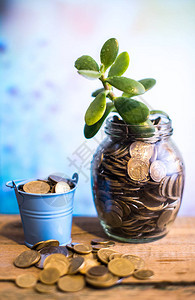 在模糊背景的玻璃罐里装上钱树商业图片