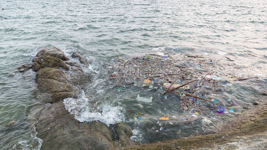 沙滩上的塑料瓶子和其他垃圾桶在图片