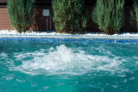 游泳池溅水疗中心靠近绿树背景图片