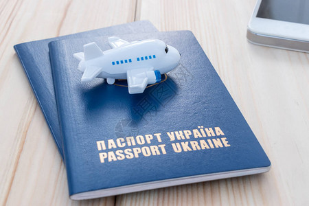 在乌克兰护照上的小玩具飞机用木制图片