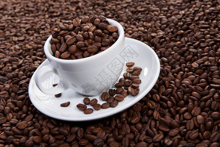 咖啡豆背景下的一杯咖啡图片