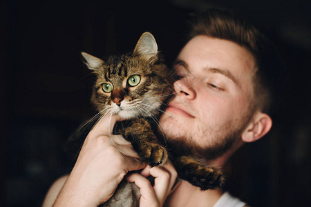 猫咪图片时髦男人的肖像拥抱着他可爱的干豆猫房间里有惊人的绿眼睛背景