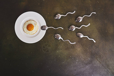 白盘中的炸鸡蛋和勺子看上去像精子竞赛图片