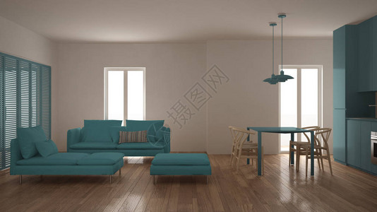现代干净的客厅配有厨房和餐桌沙发坐垫凳和躺椅图片