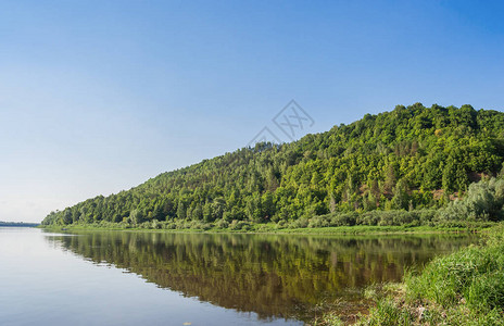 俄罗斯夏季水库的绿山坡图片