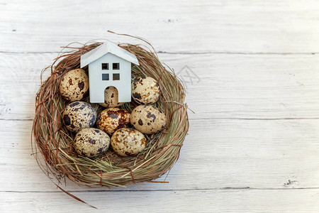 微型白色玩具模型房子在质朴的老式木制背景上用鸡蛋放在巢中生态村地产抵押财产保险梦想家园图片