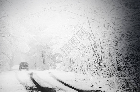 降雪森林中的汽车和冬季道路被雪覆盖的童话森林有汽车的农村路在图片