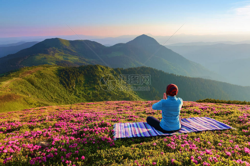 五颜六色的卡列马特莲花姿势的瑜伽女孩有杜鹃花的草坪高山魔法森林冥想放松夏日风光温暖的图片