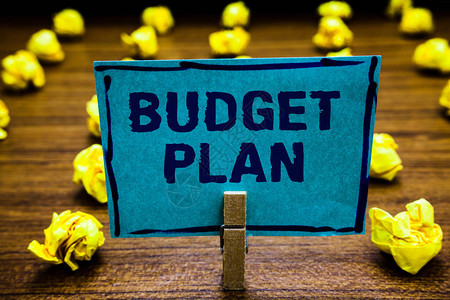 文字书写文本预算计划特定时间段财务时间表的商业概念通常是一年Clothespin拿着蓝纸条皱巴的纸图片