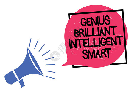 显示GeniusBrilliantIntelligentSmart的书写笔记商业照片展示聪明亮的知识智能扩音器扬声器大声尖叫框粉图片