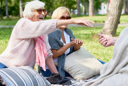 一群快乐的老朋友在公园的绿色草坪上享受野餐图片