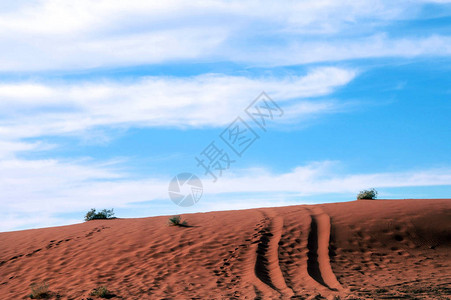 蓝天下红色沙丘上的四驱车足迹冒险越野旅行背景概念公路旅行背景概图片