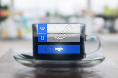 触摸屏上的登录界面在咖啡杯模糊背景的虚拟数字显示器上触摸登录框用户背景图片
