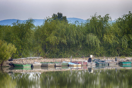 渔船停靠在湖边的码头上图片